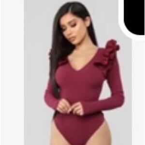 SHEIN Burgundy Ruffle Shoulder Bodysuit